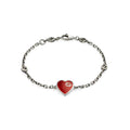 GUCCI HEART AGED FINISH STERLING SILVER RED ENAMEL BRACELET