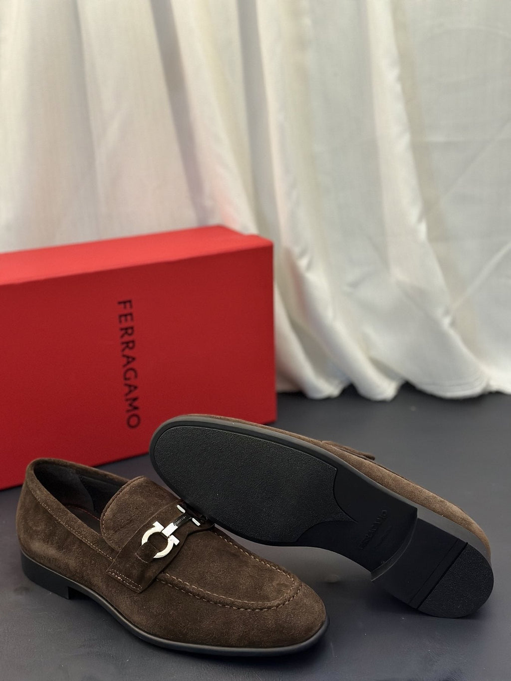 Ferragamo Brown Metal-Detail Loafers